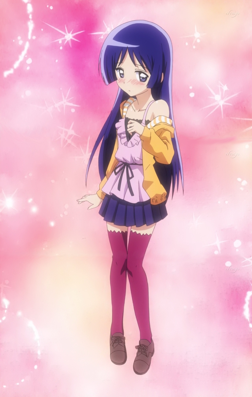 black_hair blue_eyes blush casual cosplay hayate_no_gotoku! highres long_hair saginomiya_isumi sanzen'in_nagi sanzen'in_nagi_(cosplay) screencap solo stitched thighhighs third-party_edit zettai_ryouiki