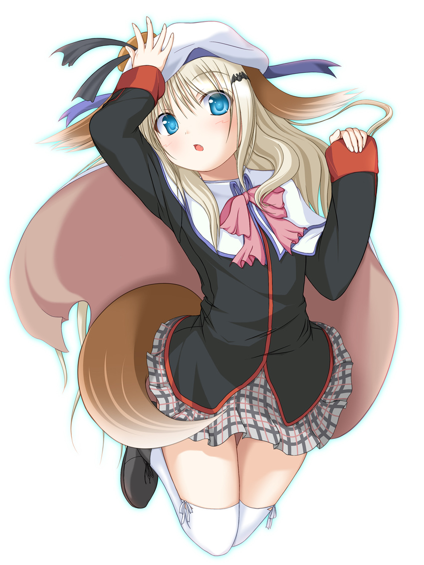 animal_ears blonde_hair blue_eyes bow cape fox_ears fox_tail hat highres little_busters! long_hair mizunoe_kotaru noumi_kudryavka pink_bow plaid plaid_skirt school_uniform skirt solo tail thighhighs