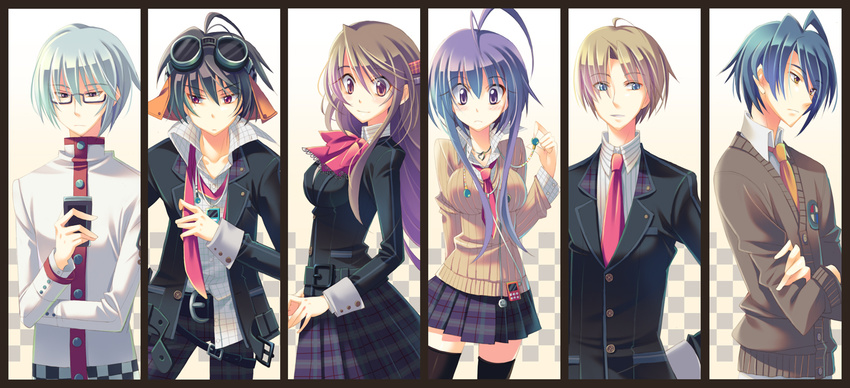 4boys ahoge bad_id bad_pixiv_id belt blue_hair bored bow brown_eyes brown_hair coat everyone frown glasses green_hair hair_ornament hairclip long_hair multiple_boys multiple_girls necktie original plaid plaid_skirt pleated_skirt purple_hair red_eyes ribbon school_uniform shirt short_hair skirt sweater thighhighs uniform wrist_cuffs yamadori_yoshitomo zettai_ryouiki