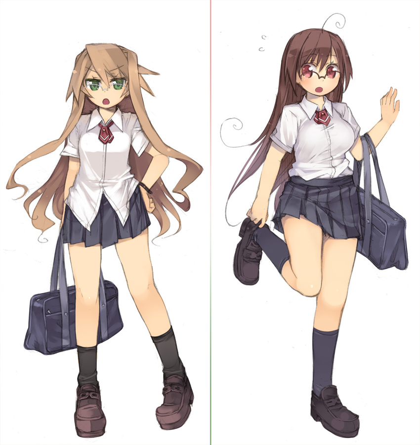 :o ahoge arima_senka arima_senne bad_id bad_pixiv_id bag black_legwear blonde_hair brown_hair glasses green_eyes hand_on_hip highres kashiwamochi_yomogi long_hair multiple_girls necktie original red_eyes school_bag school_uniform shoes shoulder_bag siblings sisters socks