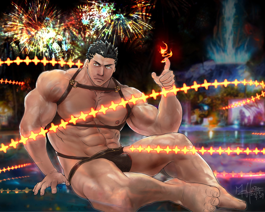 1boy alternate_facial_hair bara bare_pectorals biceps brown_male_swimwear chest_harness facial_hair fire flaming_halo halo harness highres large_pectorals leather male_focus male_swimwear masaharu_masaharu mature_male muscular muscular_male official_alternate_costume pectorals pyrokinesis sitting solo sparse_stubble stubble tokyo_afterschool_summoners zabaniyya_(fashionista_swimsuit)_(housamo) zabaniyya_(housamo)