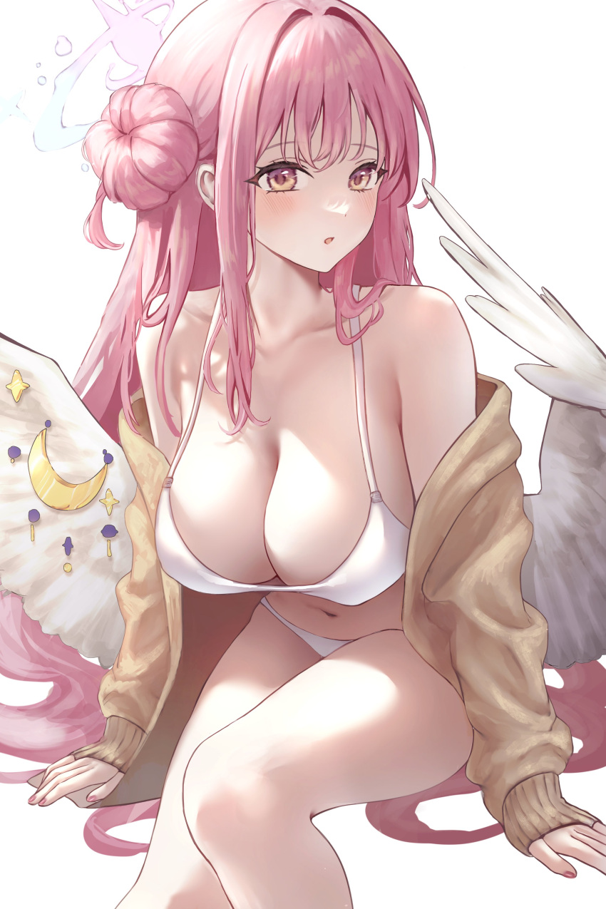 1girl absurdres at_congju bikini blue_archive breasts cleavage hair_bun halo hashtag_only_commentary highres long_hair mika_(blue_archive) open_clothes pink_eyes pink_hair pink_halo pink_nails simple_background sitting solo sweater swimsuit white_background white_bikini wings