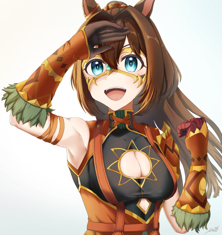 1girl absurdres animal_ears arm_up armpits blue_eyes breasts brown_hair cleavage cleavage_cutout clenched_hand clothing_cutout commentary_request domino_mask el_condor_pasa_(kukulkan_monk)_(umamusume) el_condor_pasa_(umamusume) gauntlets gloves hair_between_eyes high_collar highres horse_ears long_hair mask medium_breasts mido_(mido_lf31) official_alternate_costume official_alternate_hairstyle open_mouth ponytail red_gloves red_skirt shading_eyes skirt smile solo umamusume upper_body