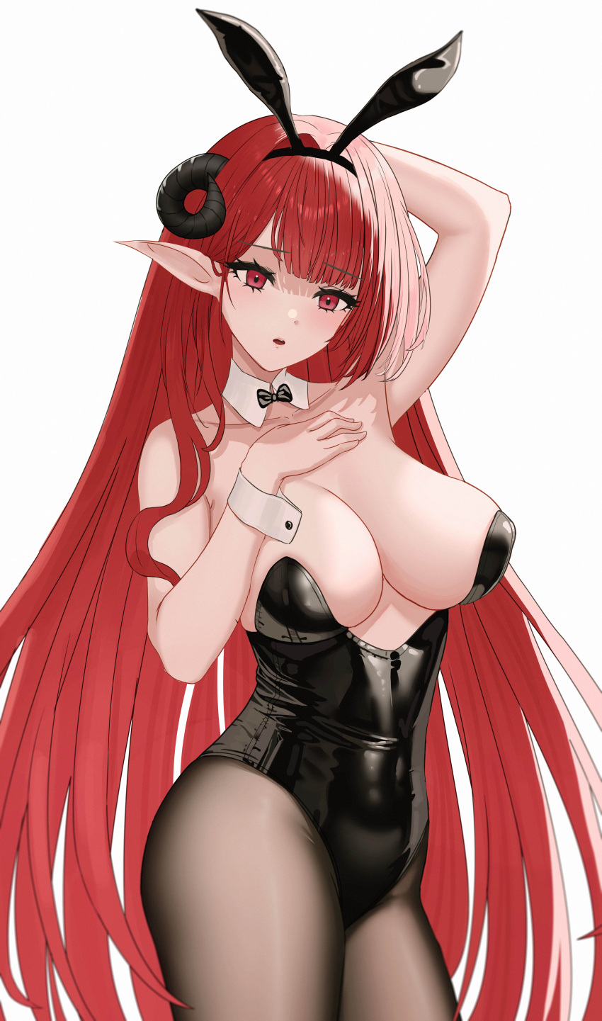 1girl absurdres animal_ears azur_lane bare_shoulders black_horns black_leotard black_pantyhose breasts cowboy_shot curled_horns demon_horns detached_collar fake_animal_ears highres hindenburg_(azur_lane) hindenburg_(delirious_duel)_(azur_lane) horns large_breasts leotard long_hair long_pointy_ears looking_at_viewer official_alternate_costume pantyhose playboy_bunny pointy_ears rabbit_ears red_eyes red_hair simple_background solo strapless strapless_leotard too_(totoo) undersized_breast_cup very_long_hair white_background wrist_cuffs