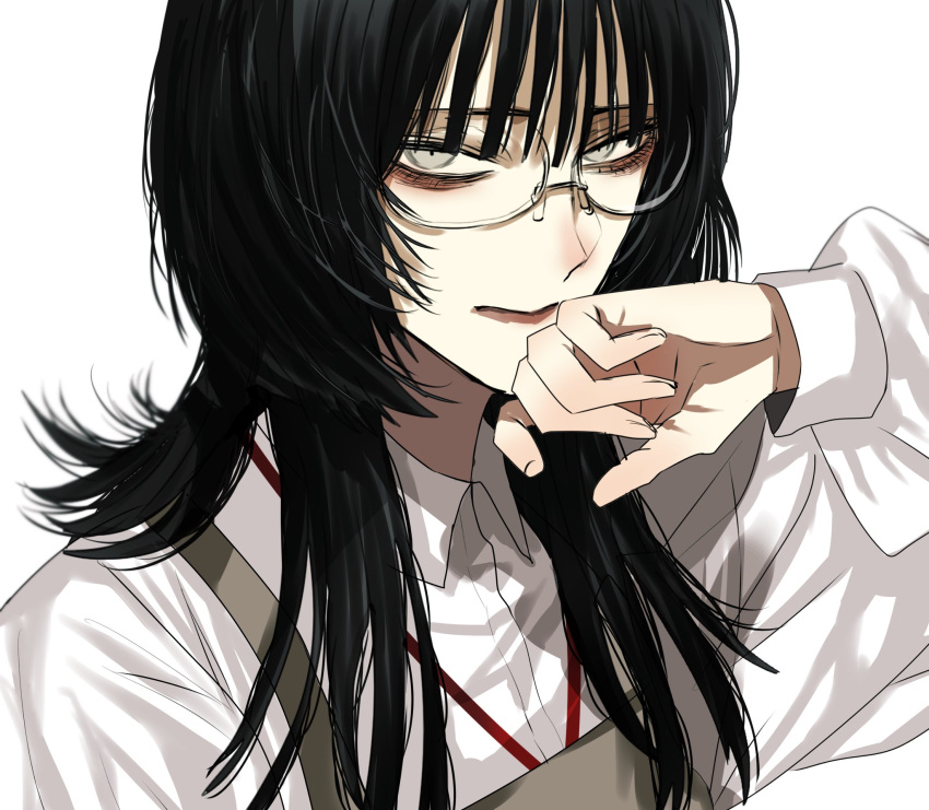 1girl aegyo_sal apron black_hair brown_apron closed_mouth commentary glasses grey_eyes hand_up highres hoshi_san_3 long_hair long_sleeves original shirt simple_background solo upper_body white_background white_shirt