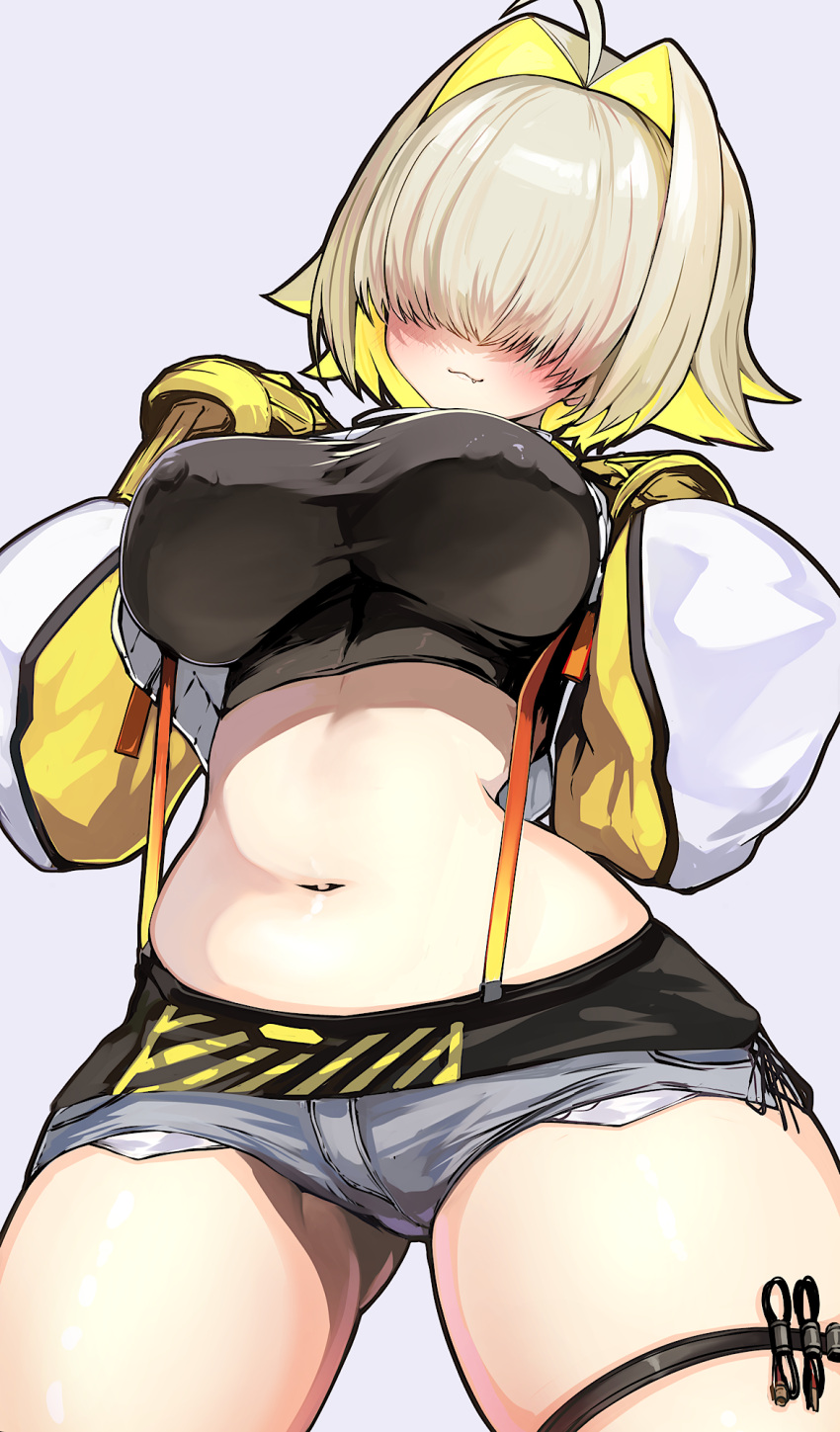 1girl :3 ass_visible_through_thighs belly_grab black_sports_bra blonde_hair breasts cable clothing_cutout covered_nipples crop_top crop_top_overhang cutoffs elegg_(nikke) exposed_pocket fang fanny_pack gloves goddess_of_victory:_nikke grey_shorts hair_intakes hair_over_eyes hands_on_own_shoulders highres kajimakoto large_breasts long_bangs multicolored_clothes multicolored_gloves multicolored_hair navel plump projected_inset shorts shoulder_cutout simple_background skindentation solo sports_bra suspender_shorts suspenders thigh_strap two-tone_hair underboob x_x zipper_pull_tab