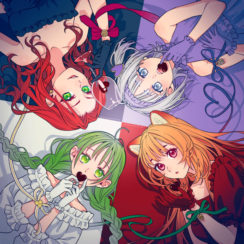 4girls ahoge animal_ears bare_shoulders blue_background blue_dress blue_gloves blue_ribbon braid candy chocolate collarbone commentary_request cup dress drinking_glass earrings eating english_commentary food gloves green_eyes green_hair green_ribbon grey_eyes hair_intakes hair_ornament hand_up hands_up heart heart-shaped_chocolate heart_earrings heart_hair_ornament highres holding holding_chocolate holding_cup holding_food jewelry long_hair long_sleeves looking_at_viewer malty_s_melromarc medium_hair minami_seira mixed-language_commentary multicolored_background multiple_girls open_mouth orange_hair purple_background purple_dress purple_gloves raccoon_ears raccoon_girl raphtalia red_background red_dress red_eyes red_gloves red_hair red_ribbon ribbon rishia_ivyred s'yne_lokk short_sleeves sleeveless sleeveless_dress smile strapless strapless_dress tate_no_yuusha_no_nariagari twin_braids valentine white_background white_dress white_gloves white_hair wine_glass yellow_ribbon