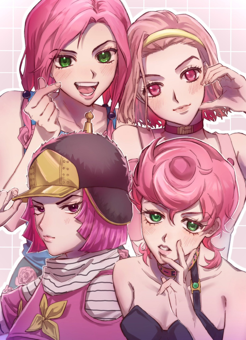 4girls adjusting_clothes adjusting_headwear color_connection diamond_wa_kudakenai eyelashes green_eyes hair_color_connection hairband hat highres hirose_yasuho hot_pants_(sbr) in-franchise_crossover jojo_no_kimyou_na_bouken jojolion looking_at_viewer multiple_girls open_mouth pink_eyes pink_hair pompadour purple_eyes quad_tails rsur_2 short_hair single_strap smile steel_ball_run sugimoto_reimi trait_connection trish_una vento_aureo