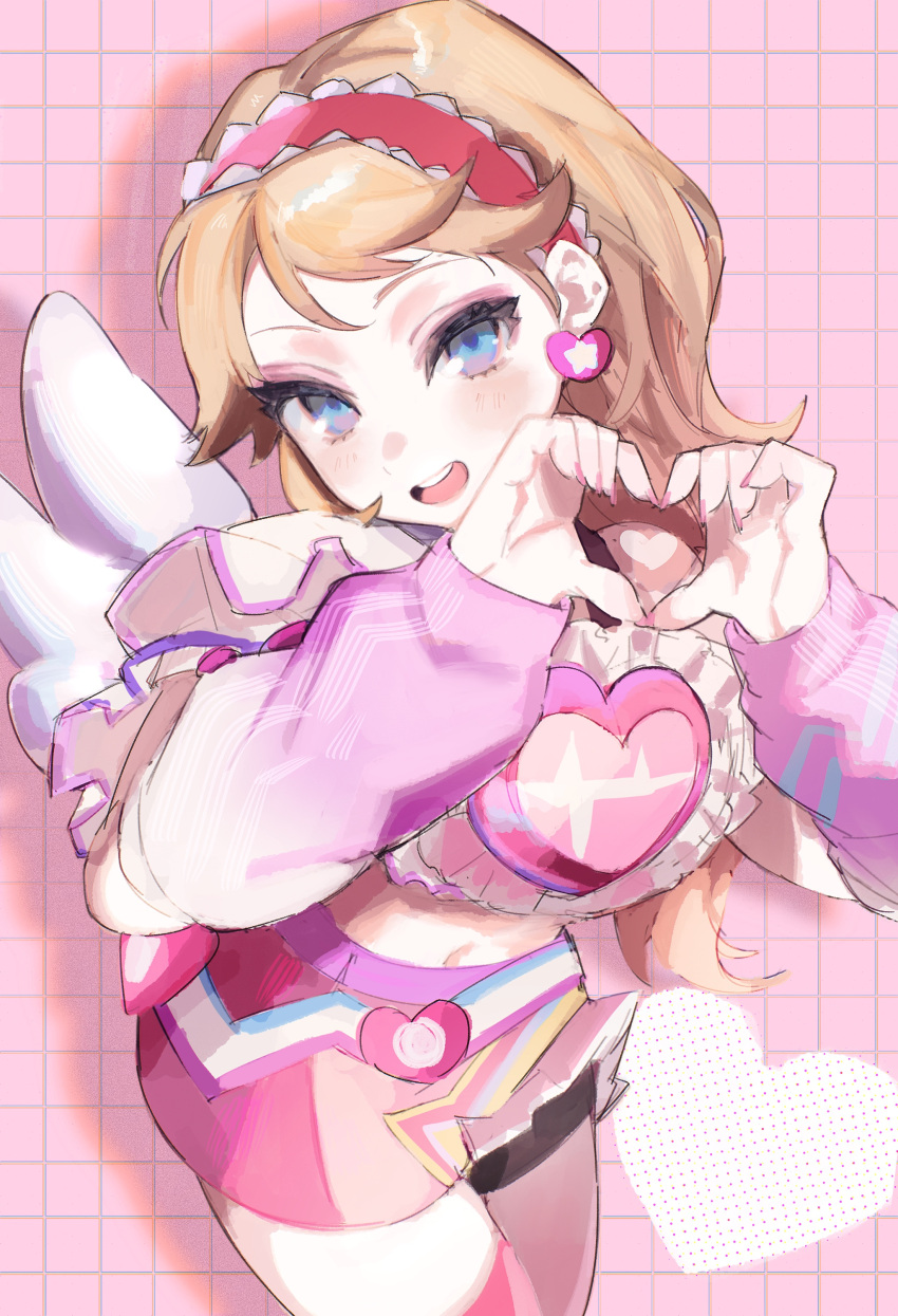 1girl :d absurdres blonde_hair blue_eyes detached_sleeves earrings fake_wings hairband hands_up heart heart_earrings heart_hands highres jewelry league_of_legends long_hair long_sleeves looking_at_viewer lux_(league_of_legends) nail_polish nakiyande pink_nails pink_skirt red_hairband skirt smile solo teeth upper_teeth_only wings