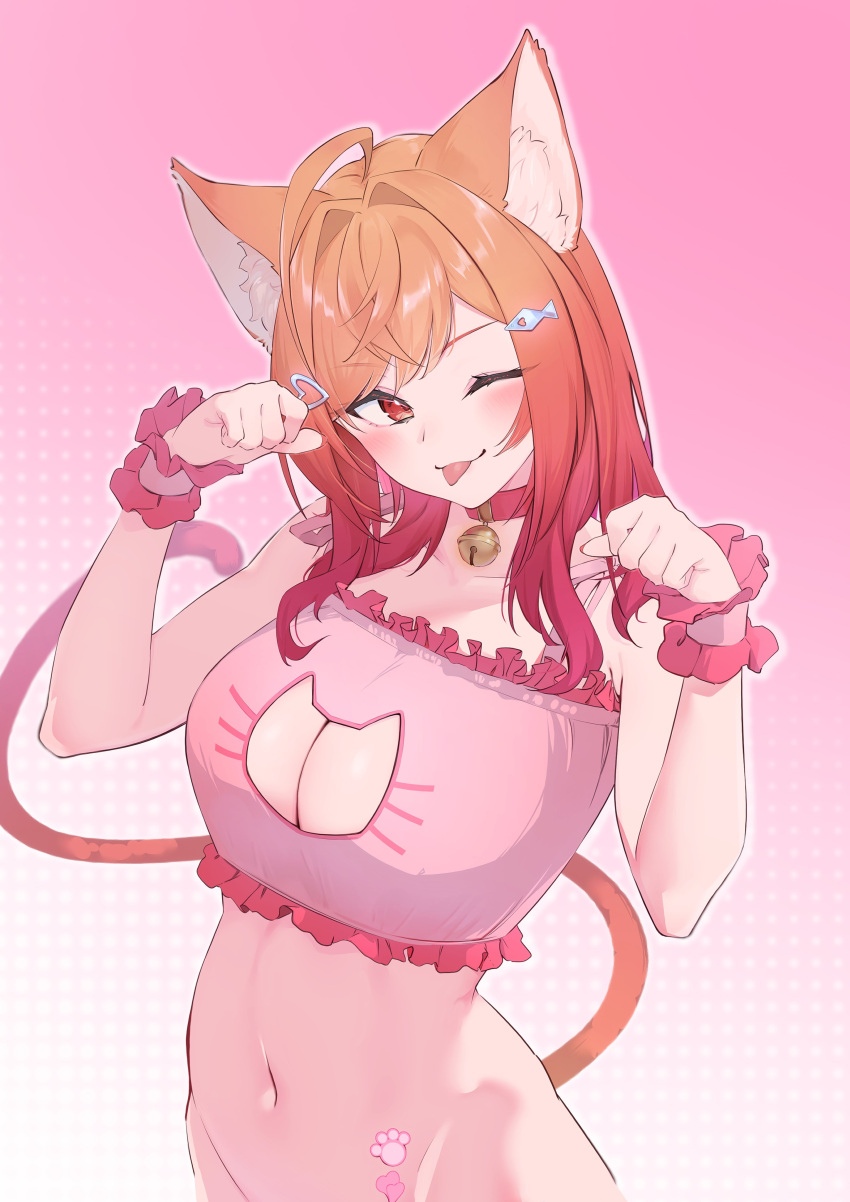 1girl absurdres ahoge alternate_costume animal_ears bell blush breasts cat_ears cat_tail cleavage cleavage_cutout clothing_cutout collar hair_ornament hairpin heart heart_tattoo highres hololive hololive_dev_is ichijou_ririka inuinuo_gataken long_hair looking_at_viewer multicolored_hair navel neck_bell one_eye_closed orange_eyes orange_hair paw_print_tattoo solo tail tattoo tongue tongue_out virtual_youtuber