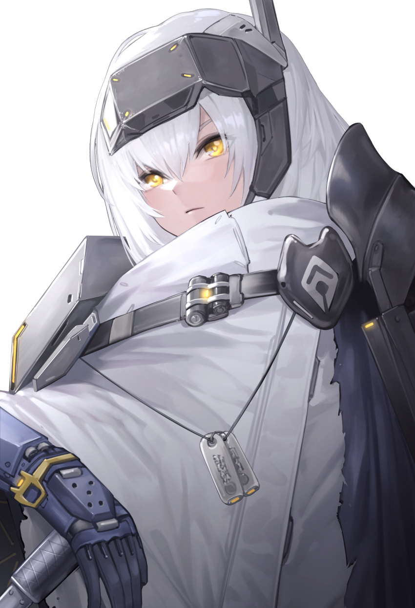 1girl absurdres cloak dog_tags goddess_of_victory:_nikke hair_between_eyes headgear highres kurone_rinka long_hair looking_at_viewer mechanical_arms prosthesis prosthetic_arm sidelocks simple_background snow_white_(nikke) solo visor_(armor) white_background white_cloak white_hair yellow_eyes