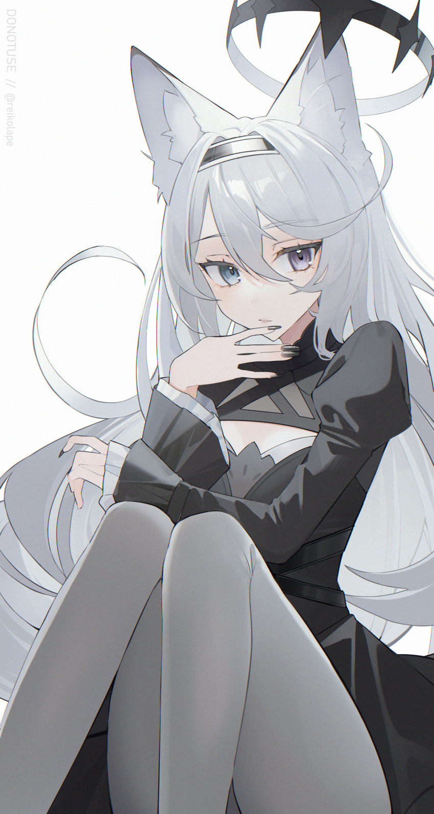 1girl absurdres animal_ears avelisek black_dress black_nails blue_eyes cowboy_shot dress fox_ears grey_hair hairband halo hetero highres indie_virtual_youtuber legs long_hair pantyhose purple_eyes reiko_lape simple_background sitting solo virtual_youtuber white_background white_hair white_pantyhose