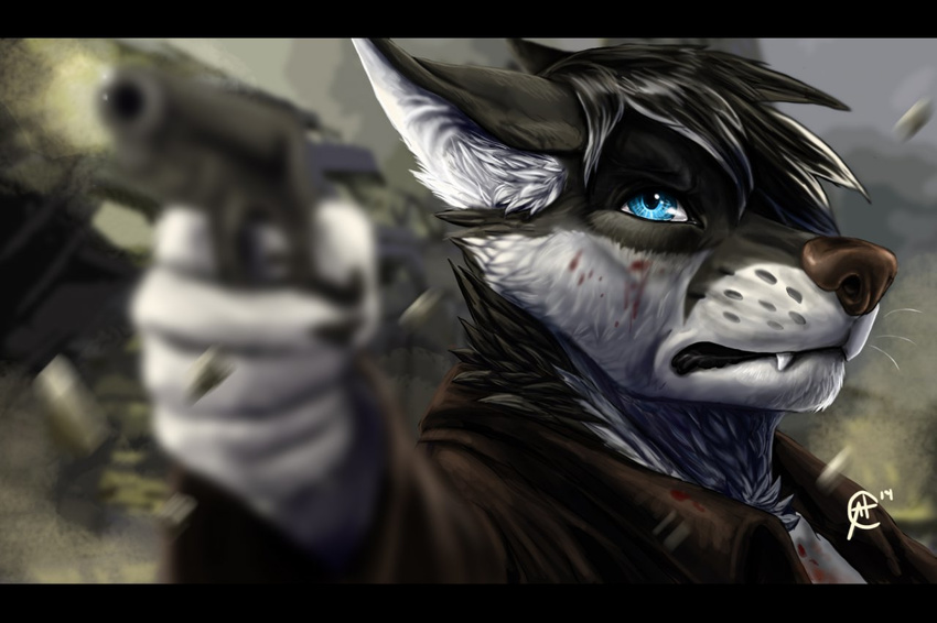 anthro blood blue_eyes bullets canine clothing fight fox frown fur grimace gun hair looking_at_viewer male mammal mouth_closed outside pistol plague-angel ranged_weapon solo teeth twistedhound violence weapon whiskers zeon