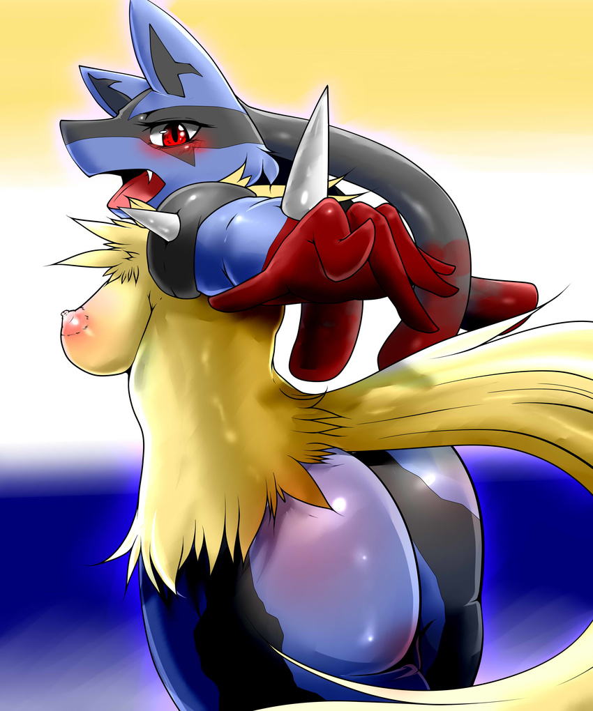 absurd_res anthro big_butt breasts butt canine fangs female fur geiru_mirua hi_res jackal looking_at_viewer lucario mammal mega_evolution mega_lucario nintendo nipples nude onodera_nino open_mouth pointing_at_viewer pok&#233;mon pok&eacute;mon raised_arm sharp_teeth side_boob solo spikes standing teeth tongue video_games