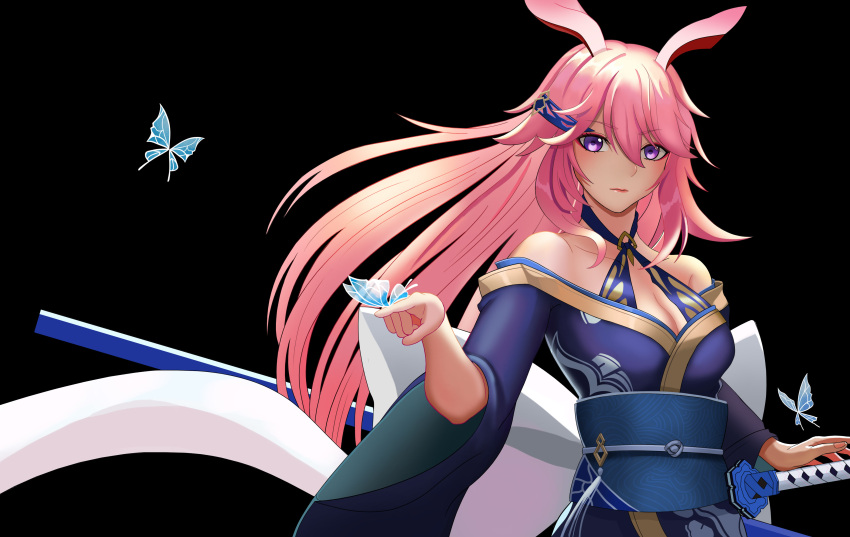 1girl absurdres animal_ears bare_shoulders black_background blue_butterfly blue_kimono breasts bug butterfly cleavage closed_mouth fox_ears hair_ornament highres holding holding_sword holding_weapon honkai_(series) honkai_impact_3rd japanese_clothes katana kimono long_hair looking_at_viewer medium_breasts off_shoulder pink_hair purple_hair sheath sheathed simple_background solo sword upper_body weapon wide_sleeves yae_sakura zhao_shixuan