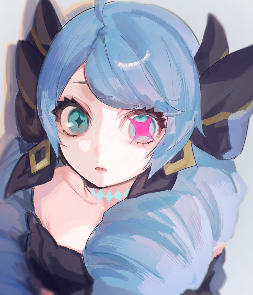 +_+ 1girl :o ahoge black_dress blue_hair collarbone commentary dress drill_hair glowing_pupils gwen_(league_of_legends) highres league_of_legends looking_at_viewer mismatched_pupils nakiyande solo symbol-only_commentary twintails upper_body