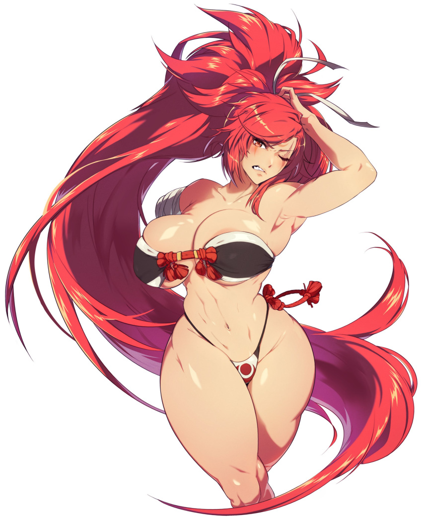 1girl absurdres amputee arm_up armpits baiken big_hair bikini black_bikini breasts cleavage eyepatch facial_tattoo guilty_gear highres large_breasts long_hair one-eyed orangekissess pink_hair ponytail red_eyes scar scar_across_eye scar_on_face solo swimsuit tattoo two-tone_bikini