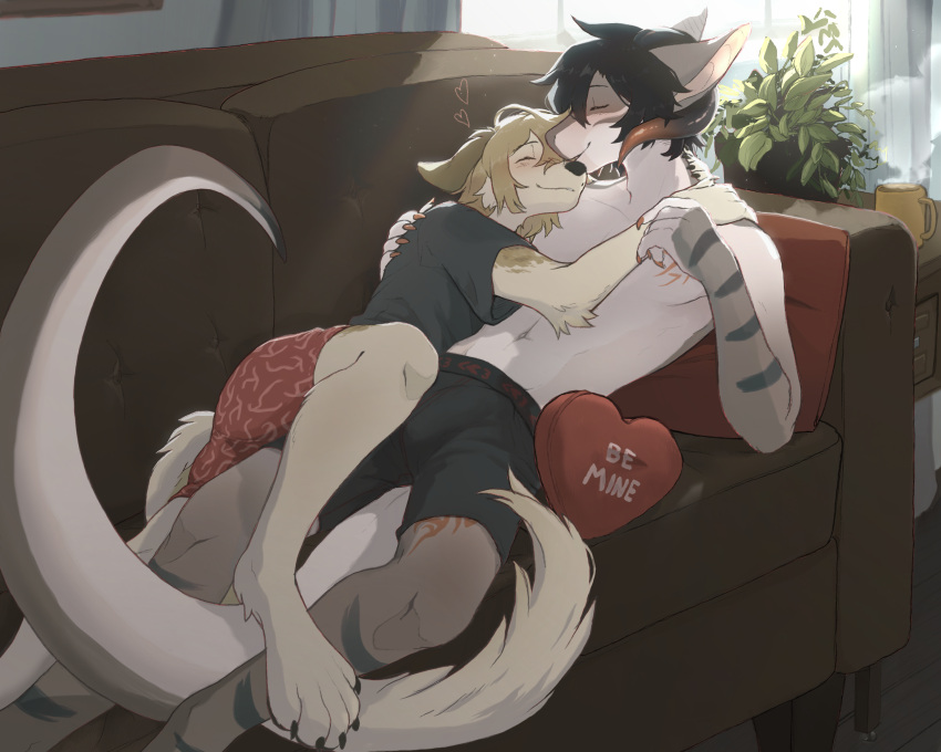 &lt;3 absurd_res anthro beast(tbdborzoi) borzoi bulge canid canine canis clothing cuddling domestic_dog dragon duo european_mythology furniture hand_on_shoulder hi_res holidays hunting_dog kade_(kyunami) kissing kissing_cheek kissing_nose leaning_on_another leg_over_thigh lying_on_sofa male male/male mammal mythological_creature mythological_scalie mythology on_sofa romantic romantic_ambiance romantic_couple scalie sighthound sofa tattoo tbdborzoi underwear valentine's_day western_dragon