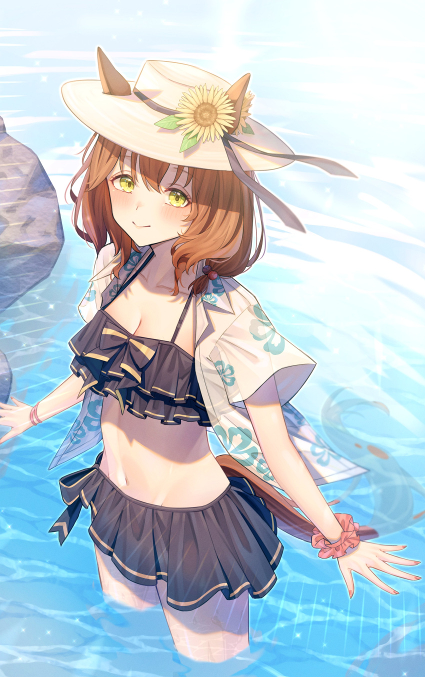 1girl absurdres animal_ears aston_machan_(umamusume) bikini black_skirt blush bow breasts brown_hair cleavage collarbone green_eyes hair_between_eyes hat highres horse_ears horse_girl horse_tail isana615 large_breasts looking_at_viewer navel skirt smile solo sun_hat swimsuit tail umamusume water