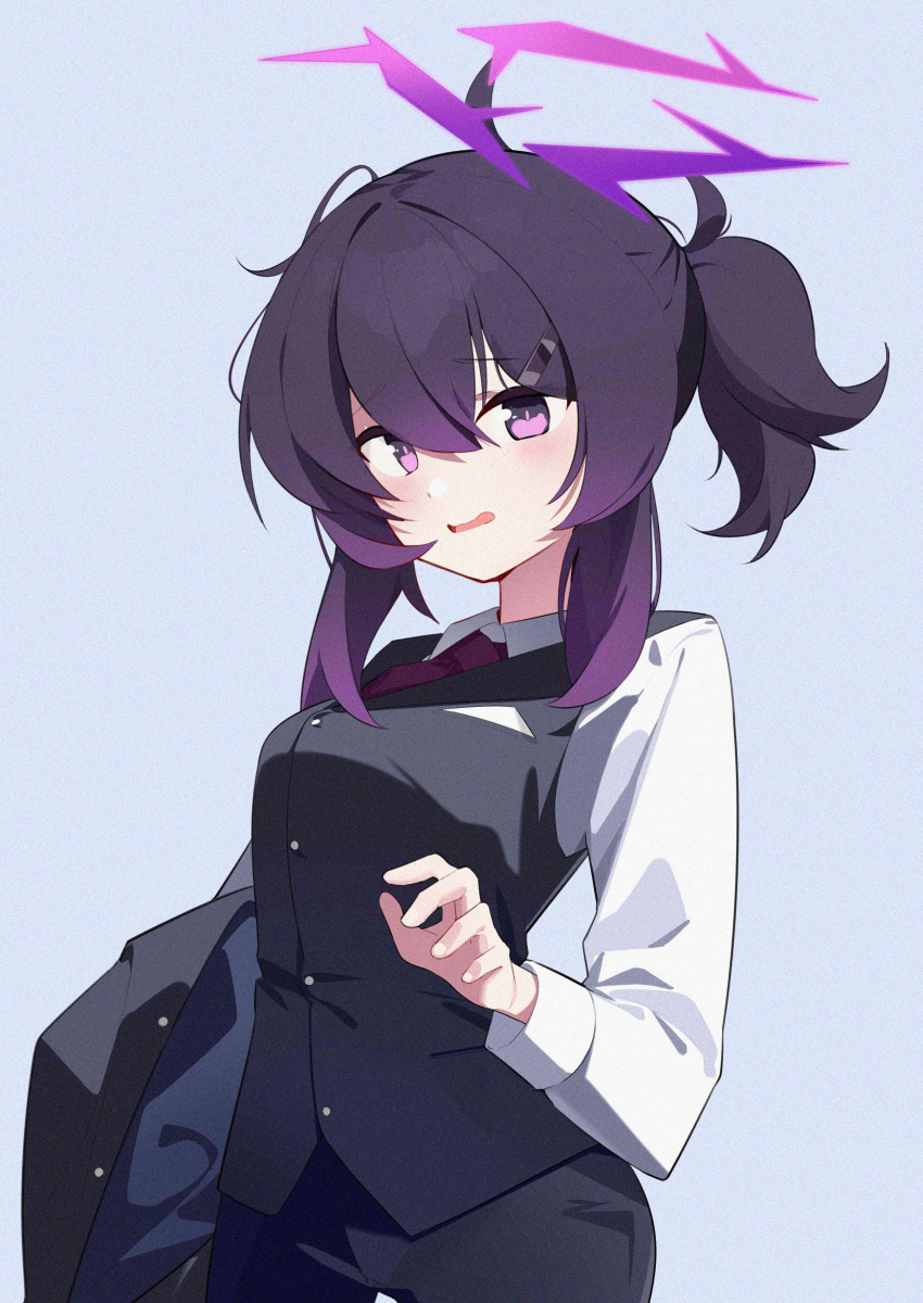 1girl absurdres black_vest blue_archive blush breasts buttons collared_shirt cowboy_shot halo haruka_(blue_archive) haruka_(suit)_(blue_archive) highres long_sleeves medium_breasts medium_hair necktie official_alternate_costume open_mouth purple_eyes purple_hair purple_halo red_necktie shirt solo vest wako_(1194433260) white_shirt