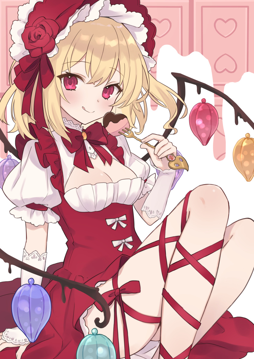 1girl :q absurdres ahase_hino alternate_costume alternate_headwear blonde_hair bow bowtie breasts chocolate cleavage cleavage_cutout clothing_cutout clothing_request commentary dress_bow flandre_scarlet flower fork heart highres holding holding_fork leg_ribbon long_hair looking_at_viewer puffy_short_sleeves puffy_sleeves red_bow red_bowtie red_eyes red_flower red_ribbon red_rose ribbon rose short_sleeves smile solo tongue tongue_out touhou valentine white_bow wings