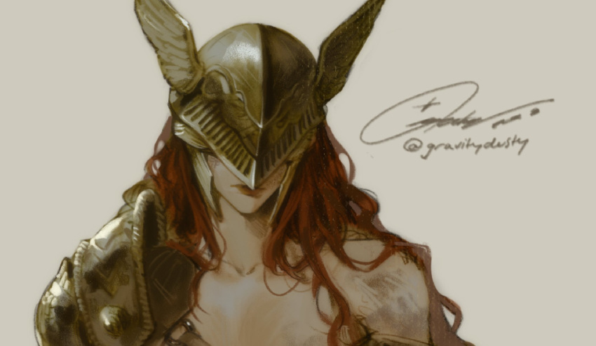 1girl armor covered_eyes elden_ring gold_armor gravitydusty helmet helmet_over_eyes highres malenia_blade_of_miquella mechanical_arms off_shoulder prosthesis prosthetic_arm red_hair single_mechanical_arm solo winged_helmet