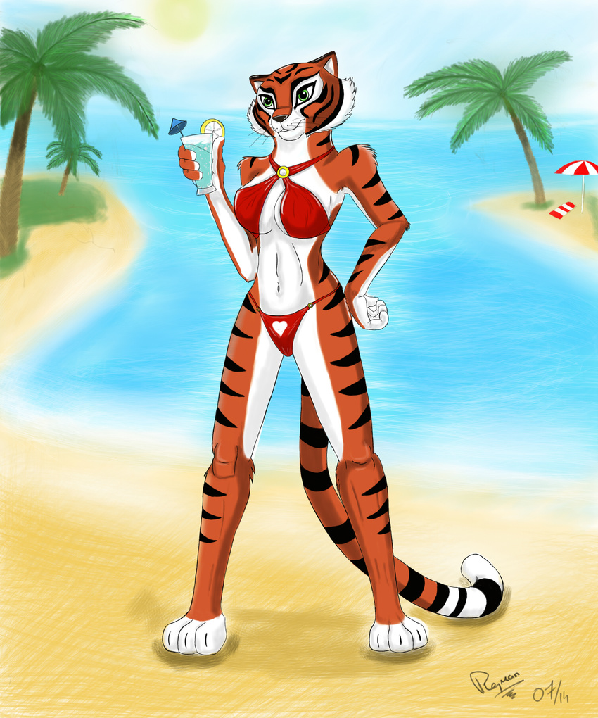 &lt;3 beach bikini breasts colors drink feline female fur green_eyes holidays kung_fu_panda lemon mammal navel orange_fur palm_tree palms plejman sea seaside shading smile solo standing stripes sun swimsuit tiger tree umbrella water whiskers yan yan_(character)