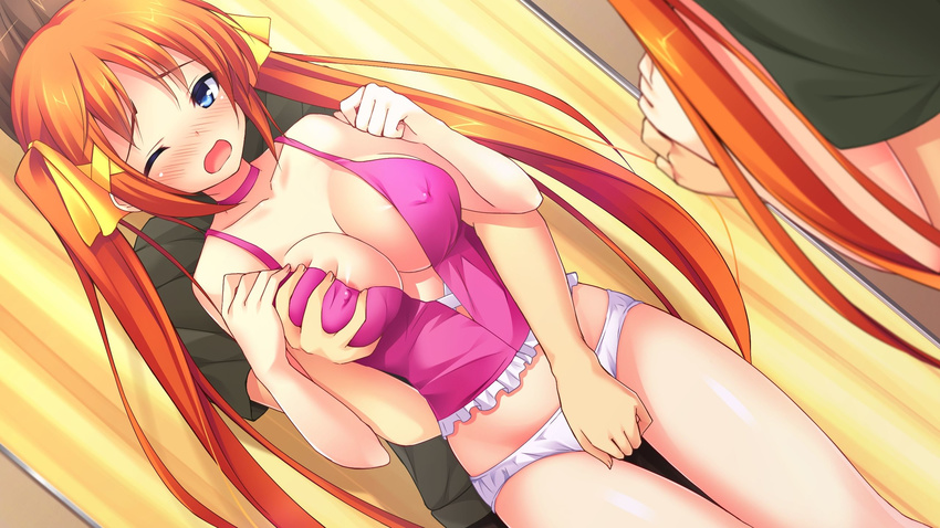 1girl blue_eyes blush breast_grab chiri_(atlanta) chuablesoft collarbone game_cg grabbing highres hinohara_kei long_hair no_bra open_mouth orange_hair panties twintails underwear wagaya_no_himegami-sama! white_panties wince