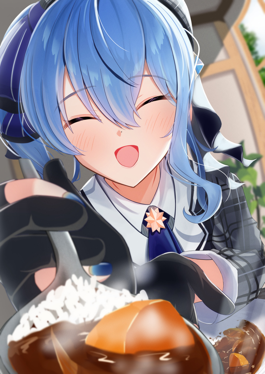 1girl absurdres ascot beret black_gloves blue_ascot blue_hair blue_nails blue_ribbon blurry blurry_background blush collared_shirt commentary_request curry curry_rice double-parted_bangs facing_viewer fingernails food foreshortening gloves grey_headwear grey_jacket hair_between_eyes hair_ribbon hat highres holding holding_spoon hololive hoshimachi_suisei hoshimachi_suisei_(1st_costume) incoming_food indoors jacket kurenaiaoi0 long_fingernails long_hair long_sleeves nail_polish open_mouth partially_fingerless_gloves plaid plaid_headwear plaid_jacket plate ribbon rice shirt side_ponytail smile solo spoon star_(symbol) virtual_youtuber white_shirt