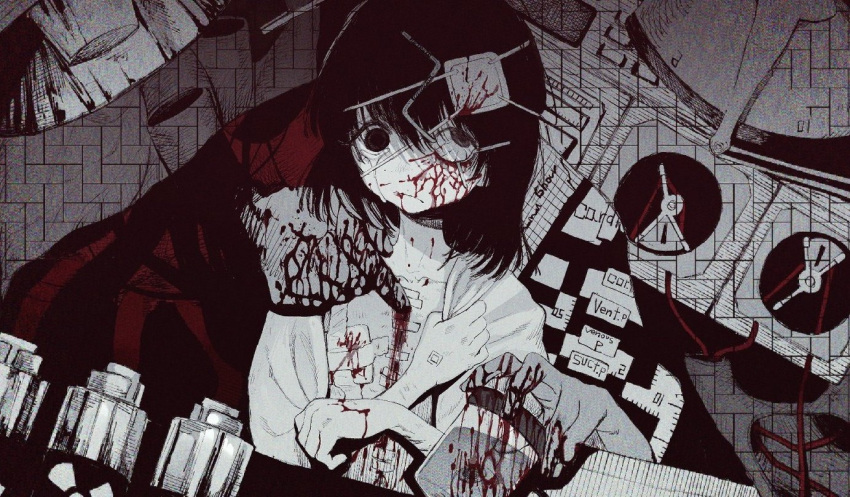1girl bleeding blood blood_from_eyes bloodshot_eyes disembodied_limb expressionless flat_chest gauze guro hospital_gown jar looking_at_viewer medium_hair original red_hod solo spot_color surgical_scar upper_body