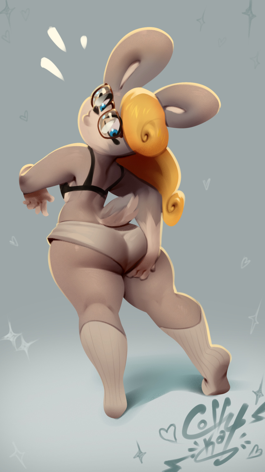 9:16 anthro arm_support blonde_hair bra clothing coffekat digital_media_(artwork) eyewear female footwear glasses grey_body hair hi_res lagomorph leaning_on_elbow leporid mammal nerd panties rabbit simple_background socks surprised_expression tail thick_thighs underwear