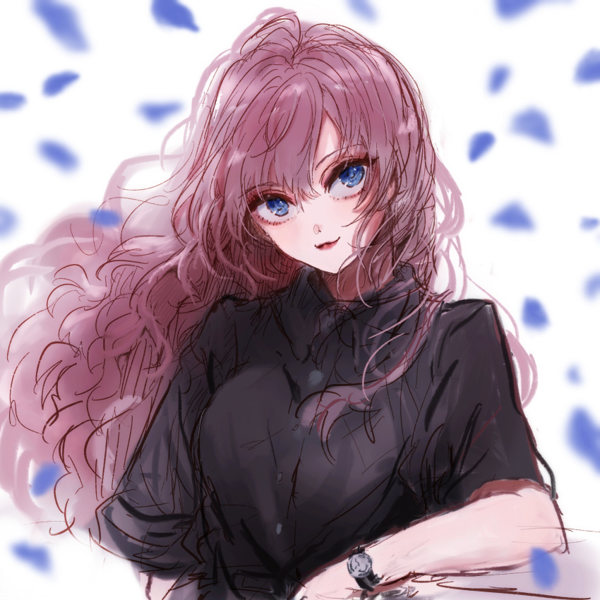 1girl black_shirt blue_eyes blush breasts falling_petals highres ichinose_shiki idolmaster idolmaster_cinderella_girls kuromitsu_maria light_smile long_hair looking_at_viewer medium_breasts petals purple_hair shirt solo upper_body very_long_hair watch wristwatch