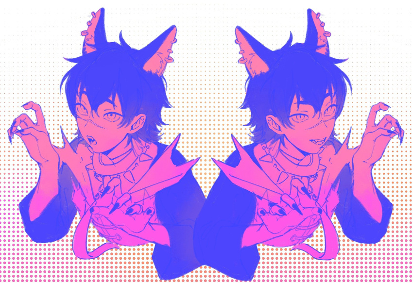 ambiguous_gender animal_humanoid canid canid_humanoid canine canine_humanoid chenyao4444444 collar duo ear_piercing ear_ring fangs garu_(nu:_carnival) hi_res humanoid karu_(nu:_carnival) mammal mammal_humanoid nails nu:_carnival piercing prick_ears ring_piercing scar sharp_nails smile spiked_collar spikes teeth wolf_humanoid