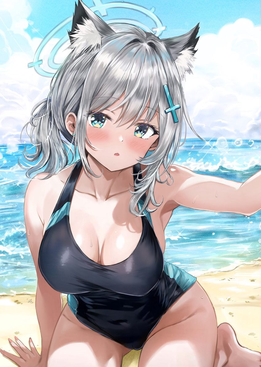 1girl arm_support bare_arms bare_shoulders beach black_one-piece_swimsuit blue_archive blue_halo blue_sky cloud cloudy_sky collarbone commentary_request cross cross_hair_ornament day grey_hair hair_ornament halo highres inverted_cross looking_at_viewer multicolored_clothes multicolored_swimsuit ocean official_alternate_costume official_alternate_hairstyle one-piece_swimsuit ponytail seiza shiroko_(blue_archive) shiroko_(swimsuit)_(blue_archive) sitting sky solo staryume swimsuit