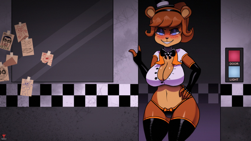 animatronic anthro avioylin bear bedroom_eyes big_breasts blush bow_tie breasts cleavage clothed clothing detailed_background english_text female five_nights_at_freddy's freddy_(fnaf) frenni_fazclaire gloves handwear hi_res legwear looking_at_viewer machine mammal meme narrowed_eyes partially_clothed pizzeria robot scottgames seductive solo text thick_thighs thigh_highs wojak