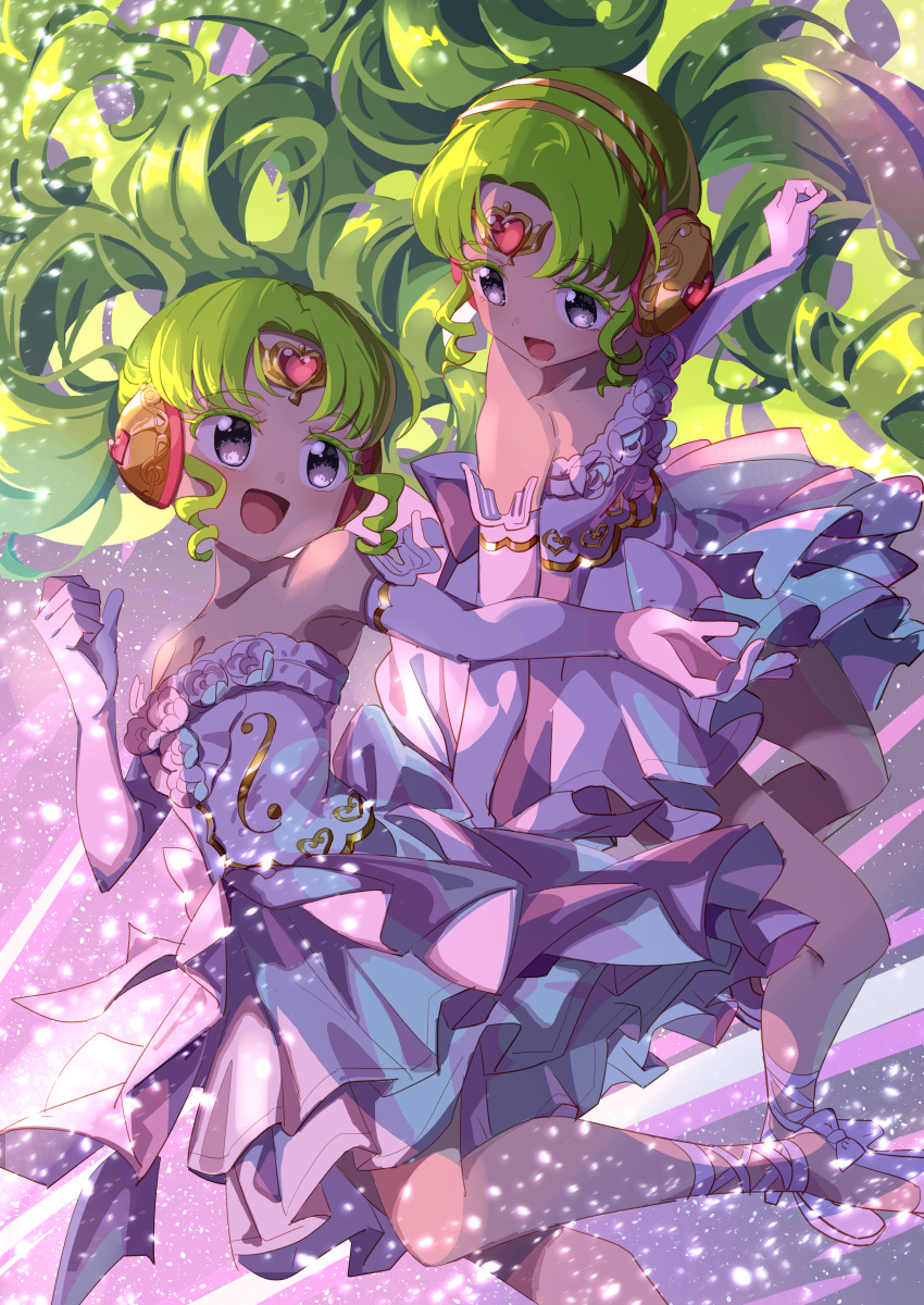 2girls :d absurdres anisakisu bare_shoulders breasts colored_eyelashes commentary_request dress dual_persona elbow_gloves falulu falulu_(awakened) floating_hair floral_print forehead_jewel gloves green_hair grey_eyes headphones highres light_particles long_hair looking_at_another multiple_girls open_mouth parted_bangs pretty_series pripara sidelocks small_breasts smile strapless strapless_dress twintails very_long_hair white_dress white_gloves