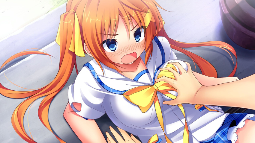 1girl blue_eyes blush breast_grab chiri_(atlanta) chuablesoft game_cg grabbing highres hinohara_kei long_hair open_mouth orange_hair wagaya_no_himegami-sama!