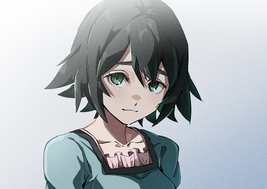 1girl absurdres black_hair blue_dress breasts closed_mouth collarbone dress film_grain gradient_background green_eyes grey_background hair_between_eyes highres looking_at_viewer medium_breasts natsume_hinako shiina_mayuri short_hair smile solo steins;gate upper_body