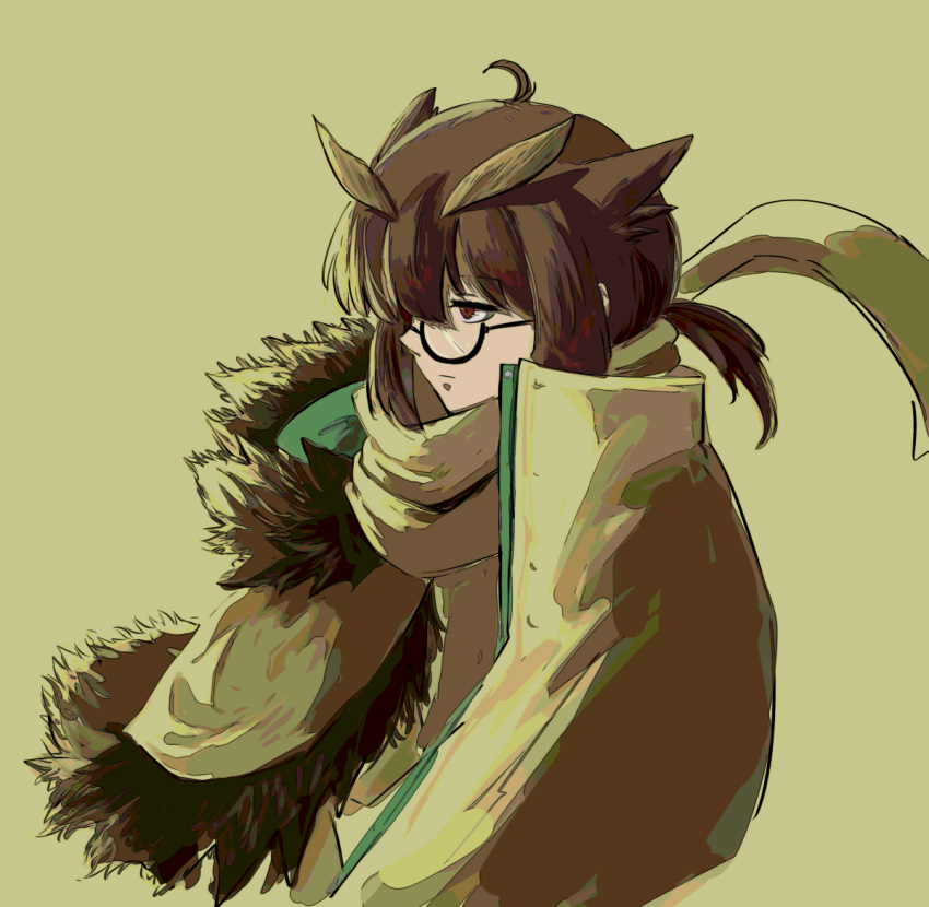 1girl arknights black-framed_eyewear brown_background brown_coat brown_eyes brown_hair brown_scarf brown_theme closed_mouth coat commentary expressionless fur-trimmed_coat fur_trim glasses haruichi_(sazanami_complex) high_collar looking_ahead owl_ears owl_girl profile scarf semi-rimless_eyewear short_hair silence_(arknights) simple_background solo symbol-only_commentary under-rim_eyewear upper_body