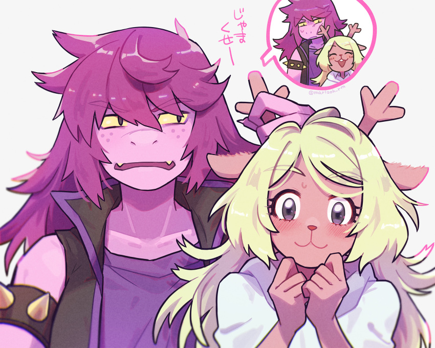 2girls :3 animal_ears animal_nose antlers armlet black_eyes blonde_hair blush collarbone colored_sclera colored_skin commentary_request deer_ears deer_girl deltarune fangs freckles furry furry_female grey_background grey_eyes hands_up highres horn_grab horns long_hair looking_at_viewer mayuzumi multiple_girls multiple_views noelle_holiday open_mouth pink_skin purple_hair purple_shirt shirt simple_background spiked_armlet susie_(deltarune) sweatdrop upper_body yellow_sclera