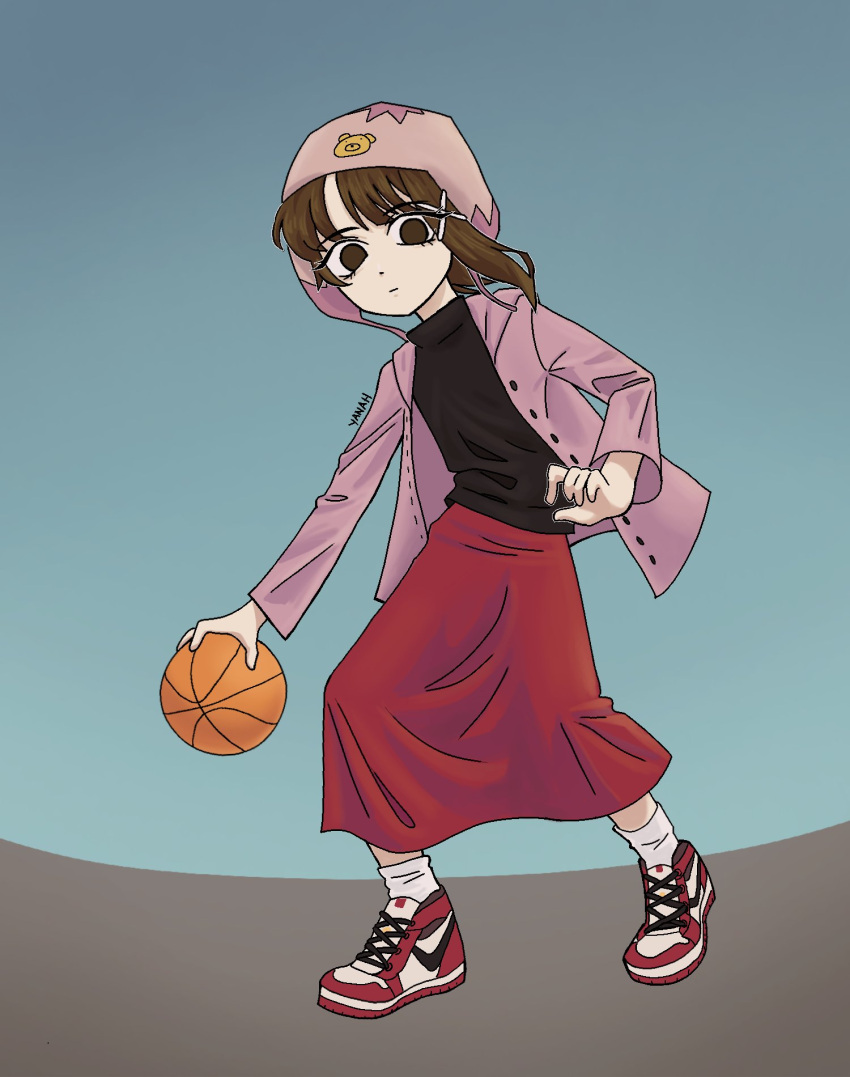 1girl asymmetrical_hair ball basketball basketball_(object) beanie brown_eyes brown_hair closed_mouth earflap_beanie empty_eyes expressionless hair_ornament hairclip hat highres hood hood_down hooded_jacket iwakura_lain jacket kneehighs long_skirt long_sleeves looking_at_viewer nike_air_force_1 pink_headwear pink_jacket red_skirt serial_experiments_lain shoes short_hair simple_background single_sidelock sitting skirt sneakers socks solo sweater turtleneck turtleneck_sweater white_socks x_hair_ornament yanahmei