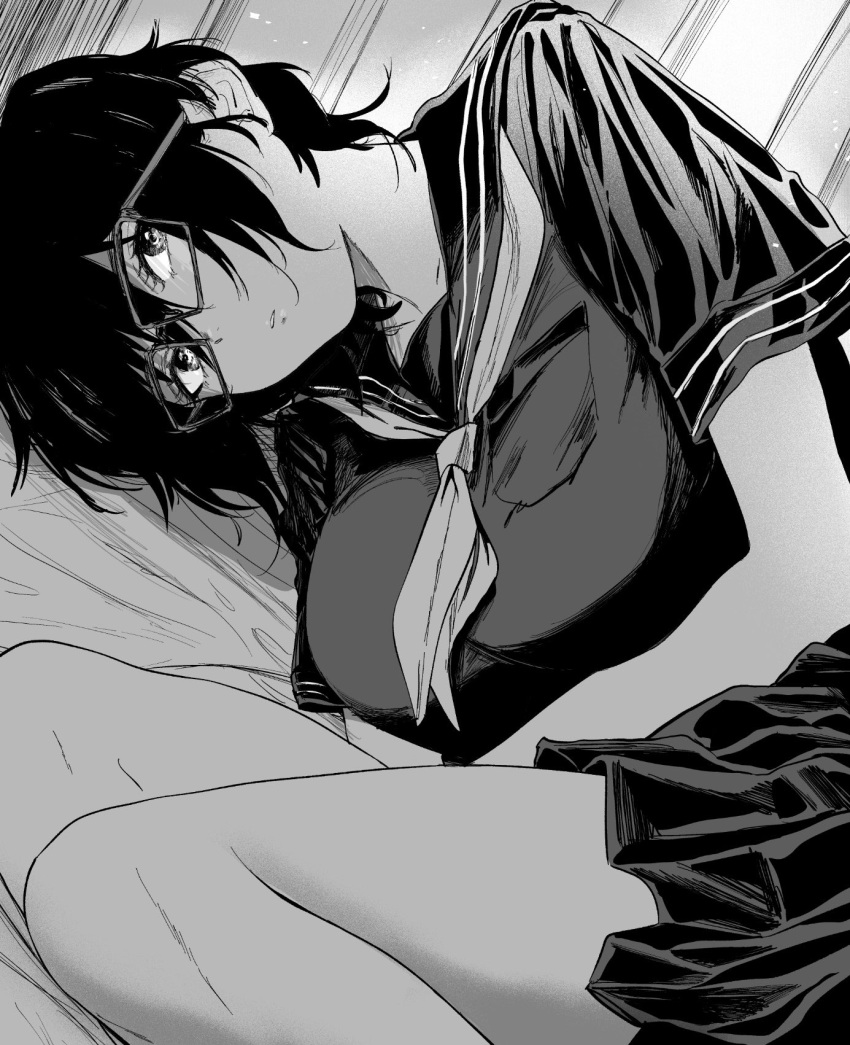 1girl bed bedroom breasts commentary curtains dutch_angle greyscale highres indoors inkdaisuki large_breasts looking_at_viewer lying monochrome neckerchief on_side original parted_lips pleated_skirt rectangular_eyewear sailor_collar school_uniform short_hair short_sleeves skirt solo