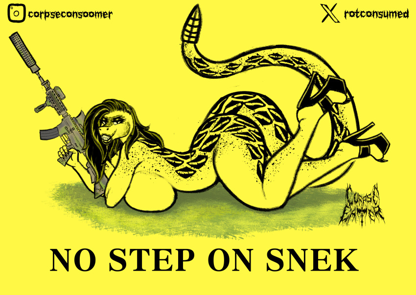 absurd_res anthro ass_up big_breasts big_butt black_hair breasts butt clothing corpse_eater don't_tread_on_me female footwear gun hair hi_res high_heels looking_at_viewer lying on_front pit_viper ranged_weapon rattlesnake reptile scalie snake solo thick_thighs viper weapon yellow_body