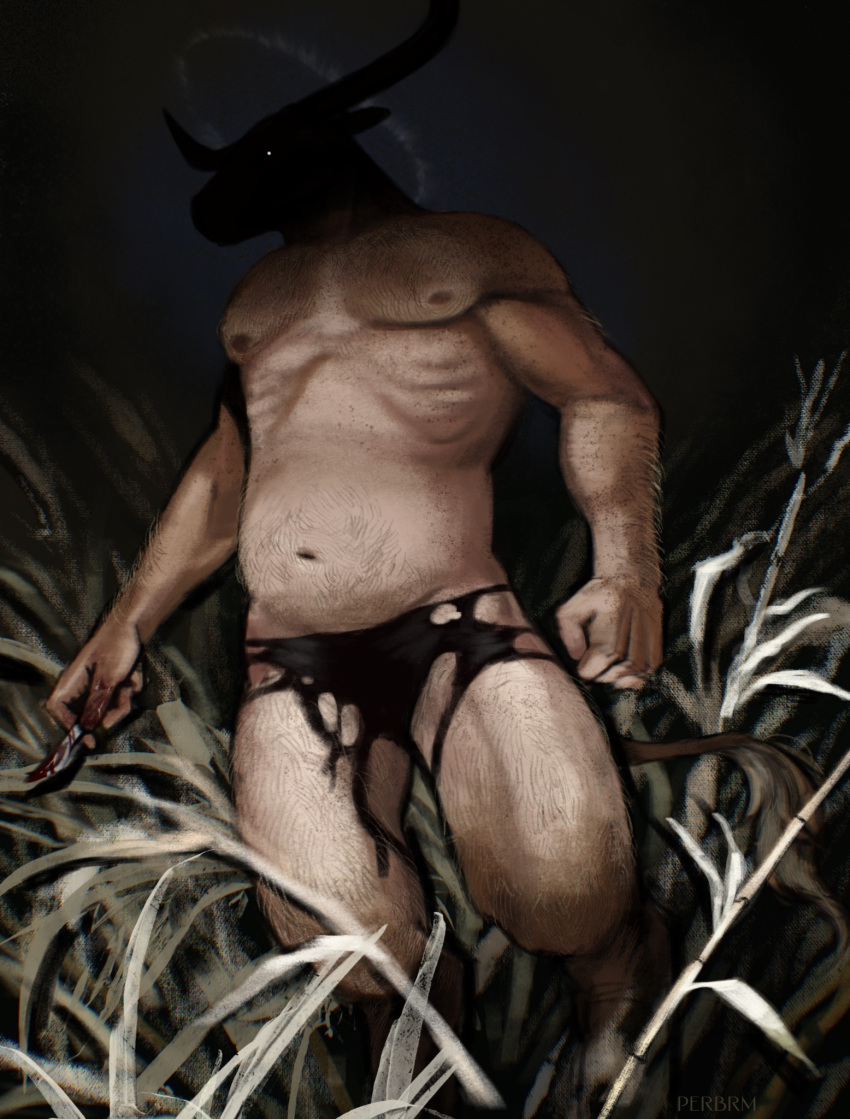 1boy animal_ears arm_hair artemy_burakh belly black_male_underwear chest_hair cow_boy cow_ears cow_horns cow_tail feet_out_of_frame field glowing glowing_eye halo highres holding holding_knife holding_scalpel hooves horns knife leg_hair male_focus male_underwear monsterification muscular muscular_male navel_hair night outdoors pathologic pathologic_2 perbrm shaded_face solo tail torn_underwear underwear underwear_only