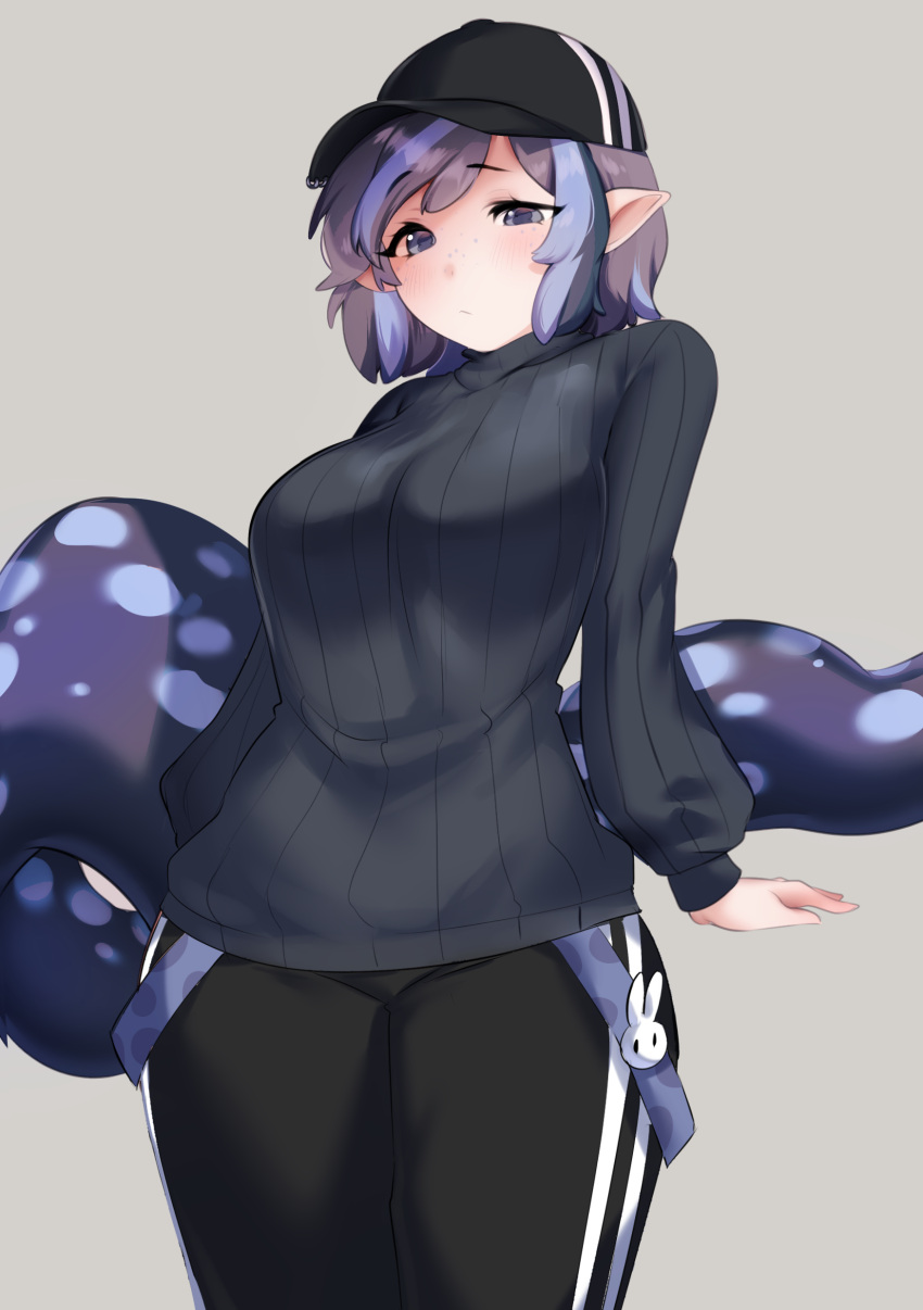 1girl absurdres black_pants black_sweater commission commissioner_upload dela_(teuthidan) grey_eyes grey_hair hat highres lizard_tail looking_at_viewer niniidawns original pants pointy_ears sweater tail thick_thighs thighs