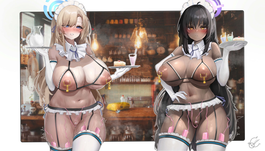 2girls alternate_costume asuna_(blue_archive) black_garter_straps black_hair blonde_hair blue_archive blue_eyes blush bra breasts cake cake_slice cowboy_shot cupless_bra dark-skinned_female dark_skin detached_collar elbow_gloves english_commentary food garter_straps gloves gold halo hand_on_own_hip highres holding holding_plate huge_breasts karin_(blue_archive) long_hair looking_at_viewer maid_headdress multiple_girls nipple_piercing nipples piercing plate remote_control_vibrator revealing_clothes sex_toy sweat thighhighs underwear very_long_hair vibrator vodeferr white_gloves white_thighhighs yellow_eyes