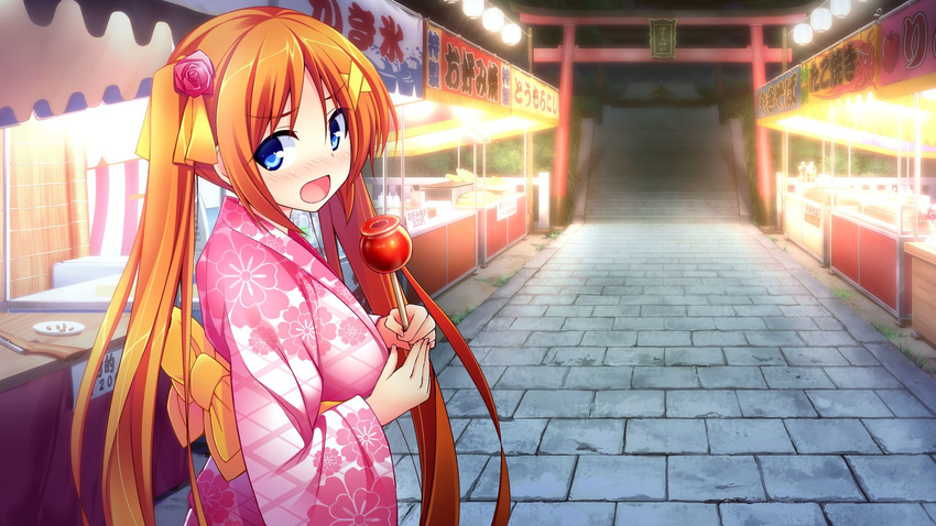 1girl apple blue_eyes blush bow chiri_(atlanta) chuablesoft flower food fruit game_cg highres hinohara_kei japanese_clothes kimono long_hair open_mouth orange_hair ribbon ribbons stairs torii twintails wagaya_no_himegami-sama! yukata