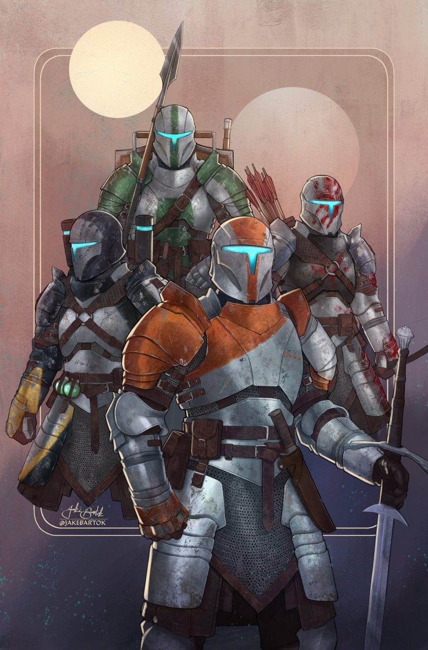 4boys armor arrow_(projectile) artist_name belt belt_pouch brown_belt english_commentary full_armor helmet highres holding holding_polearm holding_sword holding_weapon jr_bartok knife multiple_boys polearm pouch signature spear star_wars sword weapon zweihander