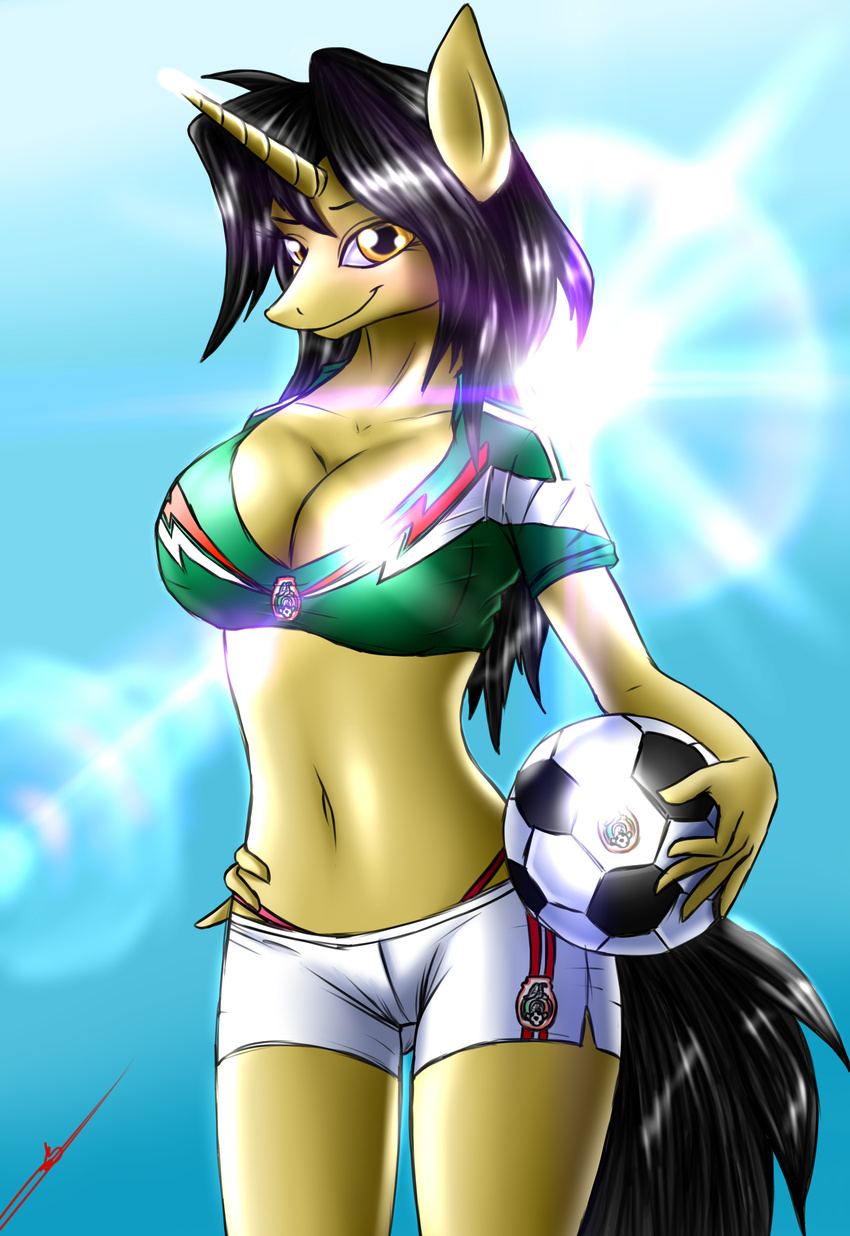 anthro anthrofied black_hair breasts cleavage clothed clothing equine female friendship_is_magic hair holding horn mammal metalfoxxx mexico my_little_pony navel original_character outside shirt shorts sky soccer soccer_ball solo standing sun thong unicorn yellow_eyes