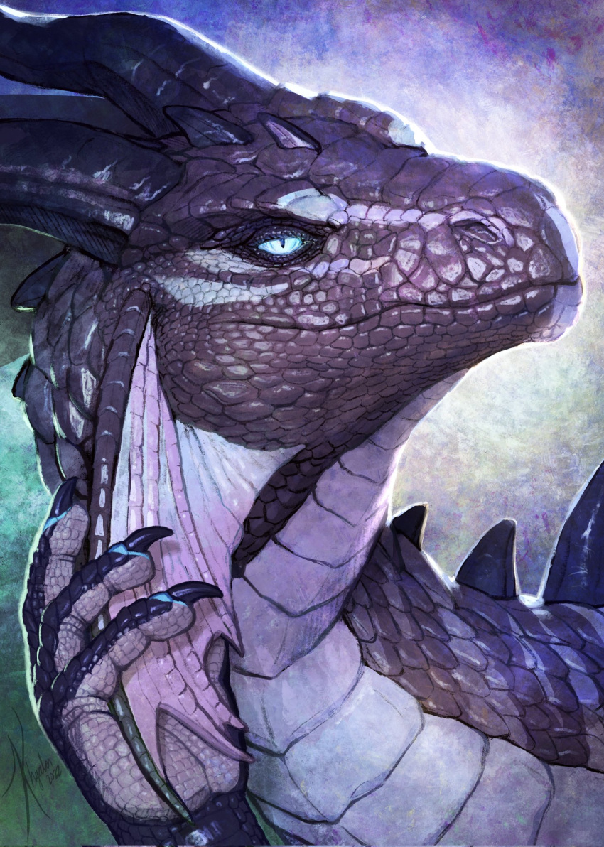 ambiguous_gender black_horn blue_eyes cheek_frill dragon feral grey_body grey_scales hi_res horn khyaber mouth_closed mythological_creature mythological_scalie mythology pupils scales scalie slit_pupils solo white_body white_frill white_scales
